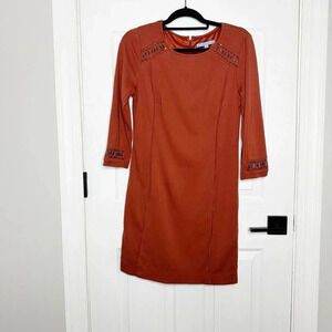 ANTONIO MELANI Size 8 Long Sleeve Orange Knit‎ Metallic Beaded Dress